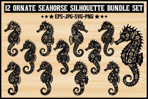 12 Ornate Seahorse Silhouette Bundle Set: Graphics & Illustrations