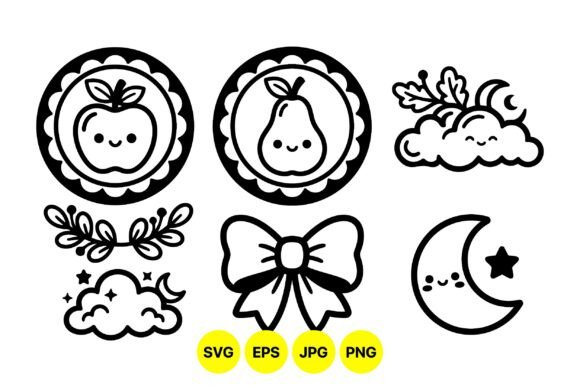 Cute Kawaii Fruit and Moon SVG: Illustrations & Graphics