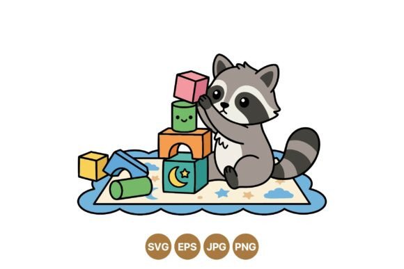 Cute Raccoon Playing Blocks SVG: Playful Graphics & Illustrations