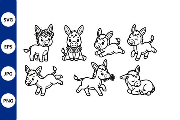 Donkey Line Art Set with Flowers & Graphics