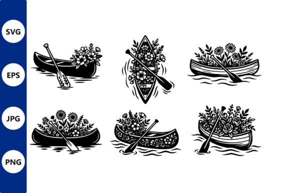 Floral Canoes in Folk Art Style: Illustrations & Graphics
