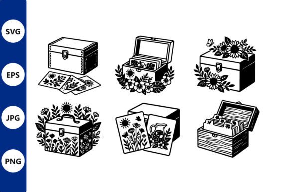 Floral Treasure Boxes Line Art: Graphics & Illustrations