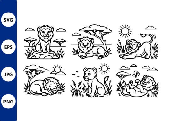 Lions in Savanna Line Art Bundle