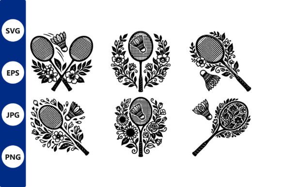 Ornate Floral Badminton Racket Vector Graphics & Illustrations