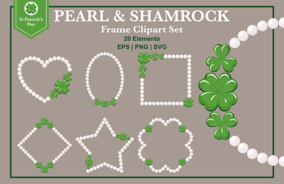 Pearl and Shamrock Frame Clipart Set: Graphics & Illustrations for Commercial Use