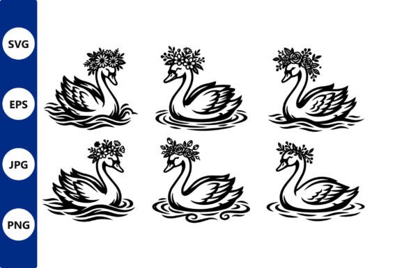 Swans with Flower Crowns in Black: Graphics & Illustrations
