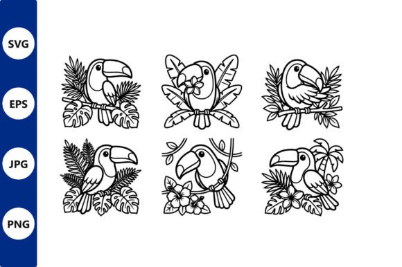 Toucans Line Art on Tropical Leaves Graphics