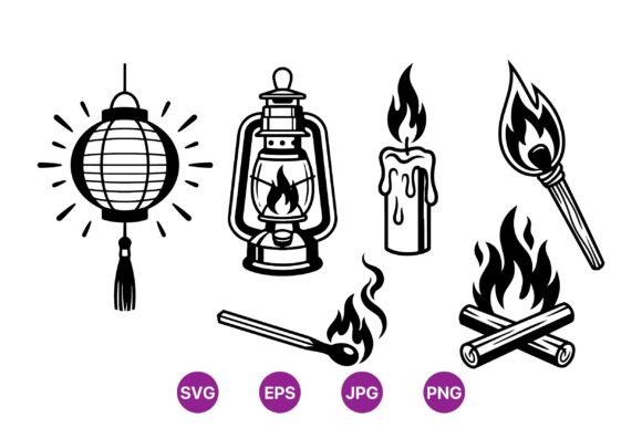 Vintage Flame and Lantern Clipart: Graphics & Illustrations